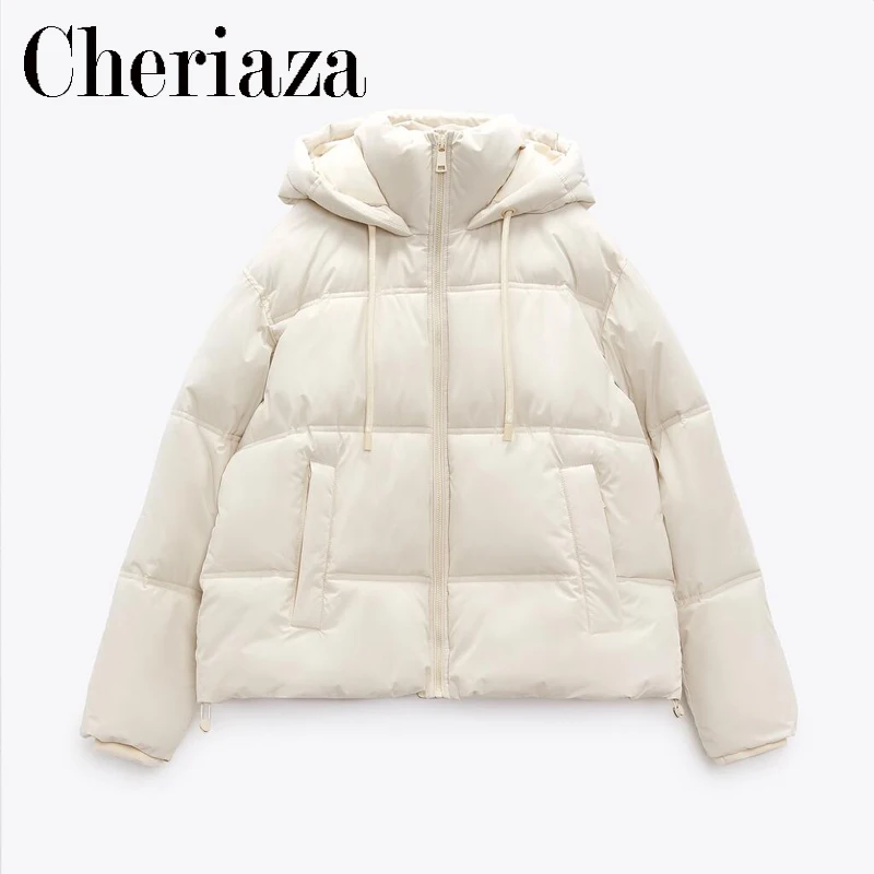 

Cheriaza Autumn Winter Woman Black Padded Clothes Hooded Jacket Casual Long Sleeves Zipper Outerwear Warm Jackets Solid Pocket