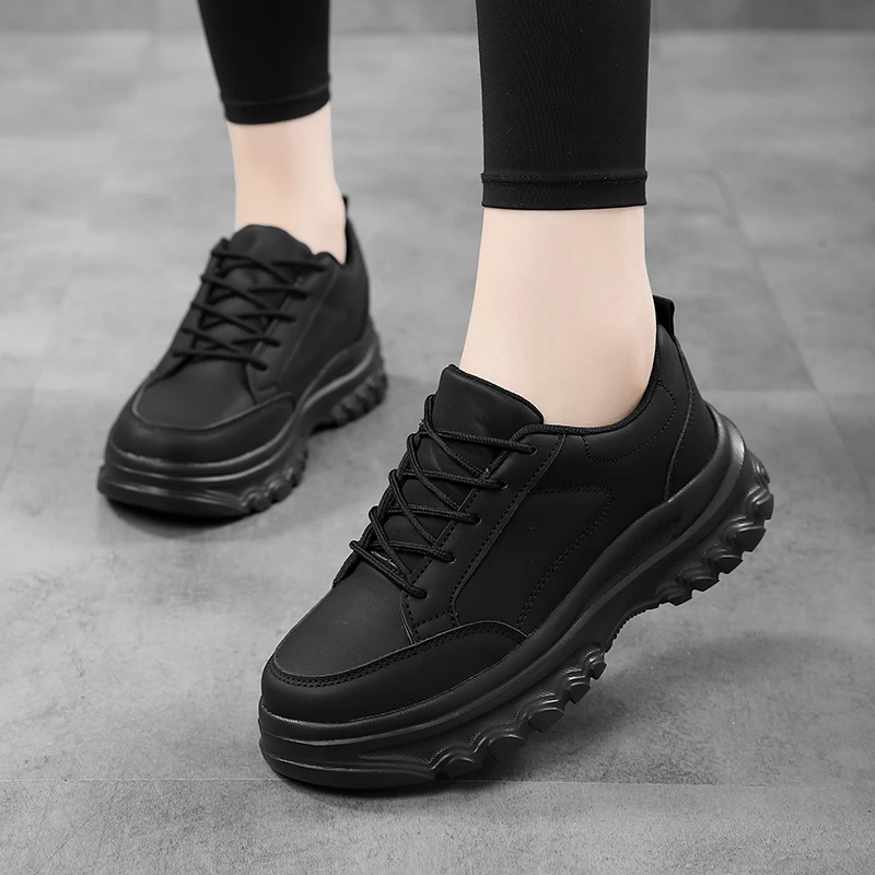 Women's Sneakers Fashion Thick Sole Casual Walking Shoes PU Lace Up Women's Height Increasing Shoes Breathable Comfortable White