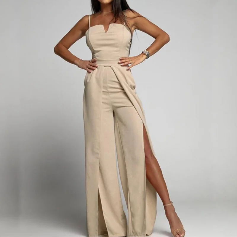 

2023 Spring Solid Strappy Bodysuit Jumpsuits Women Sexy Strapless Split Hem Rompers Summer Off Shoulder Hollow Straight Overalls