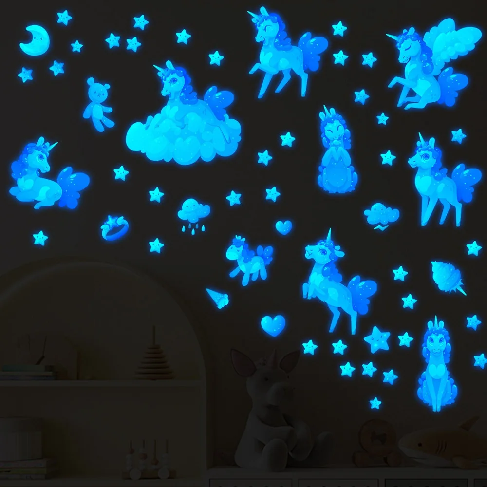 Luminous Unicorn Stickers on the Wall for Girls Bedroom Children Room Home Decor Cartoon Decals Glow in the Dark Stars Stickers