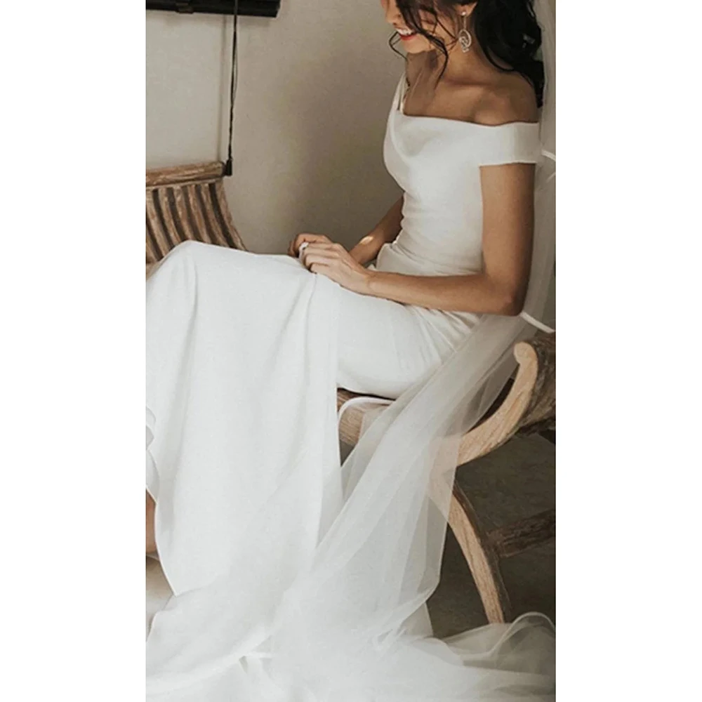 

Off Shoulder Sheath Crepe Wedding Dress Simple Elegant Custom Made Plus Size Sweep Train Minimal Ivory Stretchy Bridal Gowns