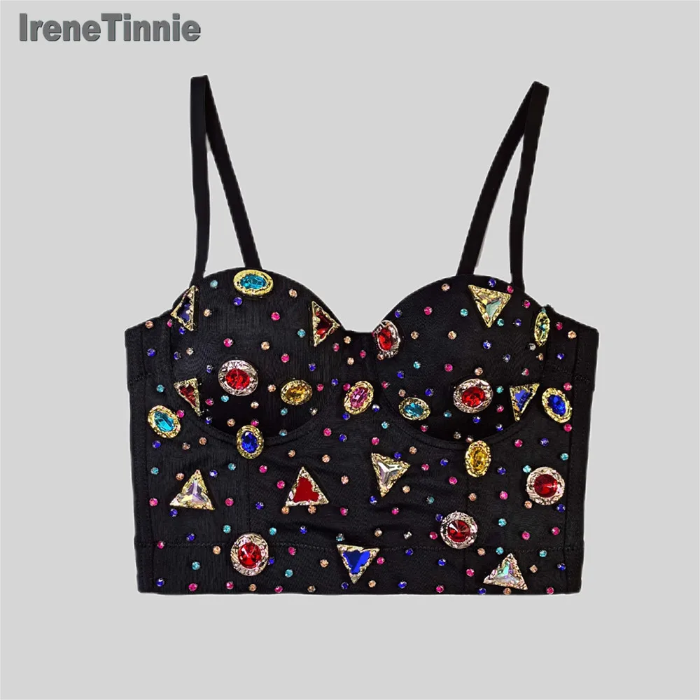 IRENE TINNIE 2024 модный короткий укороченный топ красочные бюстье с камнями
