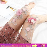 women sexy fashion pattern fishnet stockings pantyhose handmade embroidery pink flower tights temptation mesh socks
