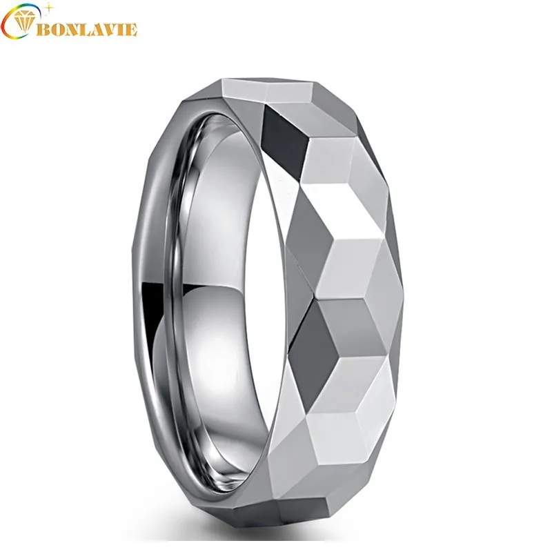 

BONLAVIE 6mm Tungsten Carbide Ring Silver Polishing 3D Geometry TriangleFor Men Cool Punk Anniversary Engagement Men's Gift