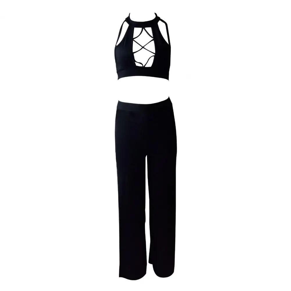 

2Pcs/Set Chic Top Pants Set O-Neck 3D Cutting Women Top Pants Sexy Night Club Vest Pants Outfit
