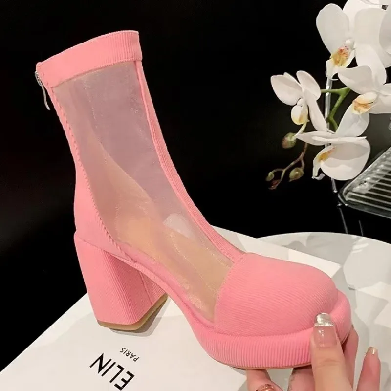 

2022 New High Heels Mesh Cool Boots Breathable Women Mid-calf Sandals Fashion Summer Pumps Chunky Shoes Zipper Mujer Zapatillas