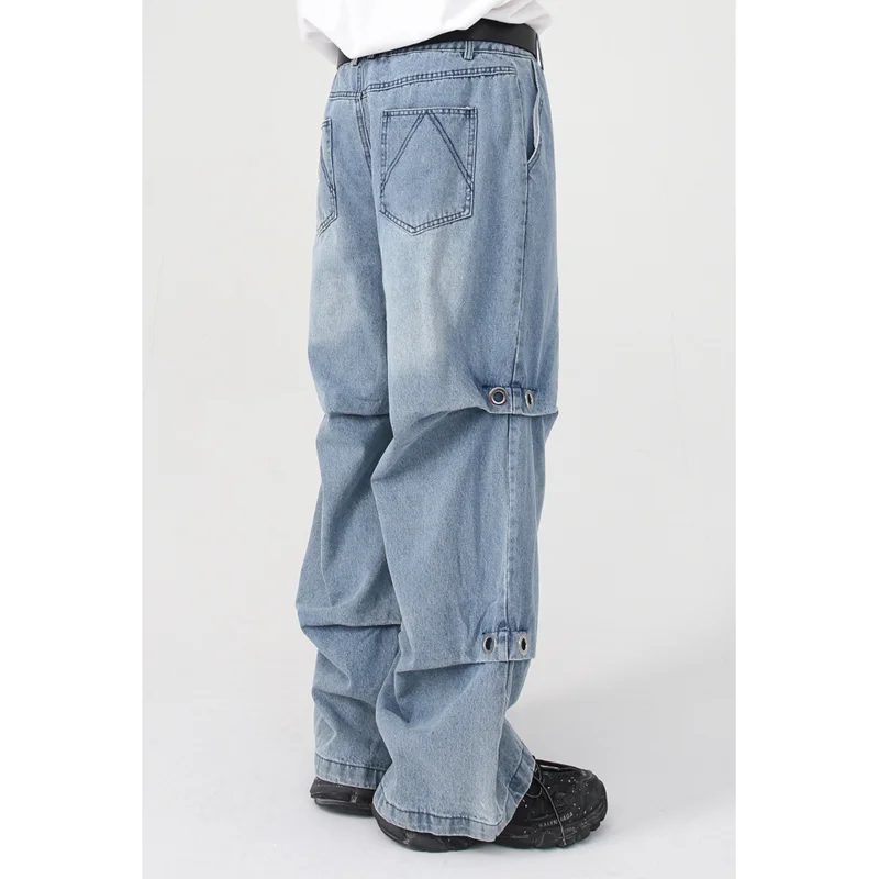 Men Clothing New Sense of Design Pattern Recreational Vintage Blue Jeans  Loose Street Straight Cylinder Trousers Autumn Female