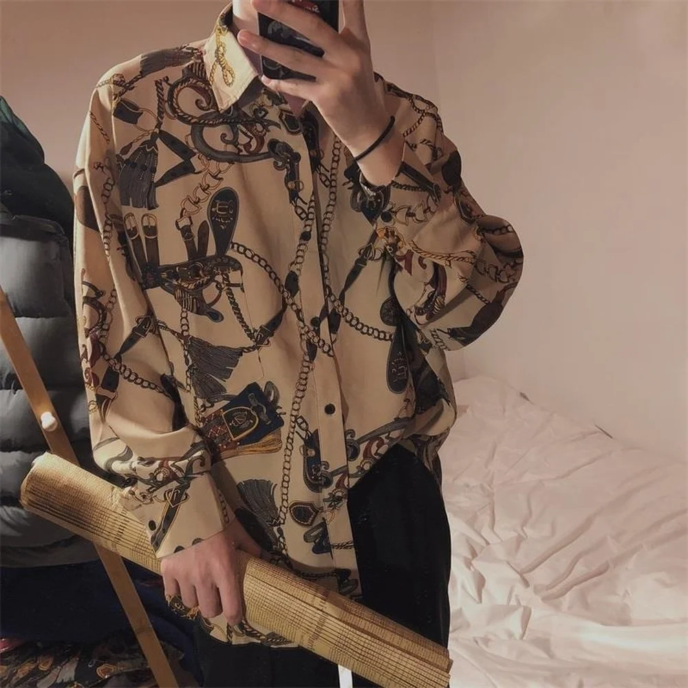 Men's loose retro ruffian handsome print shirt jacket long sleeves