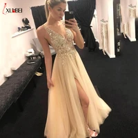 vestidos de fiesta de noche prom dresses for women sleeveless v neck evening party gowns with crystal beads robe party dress