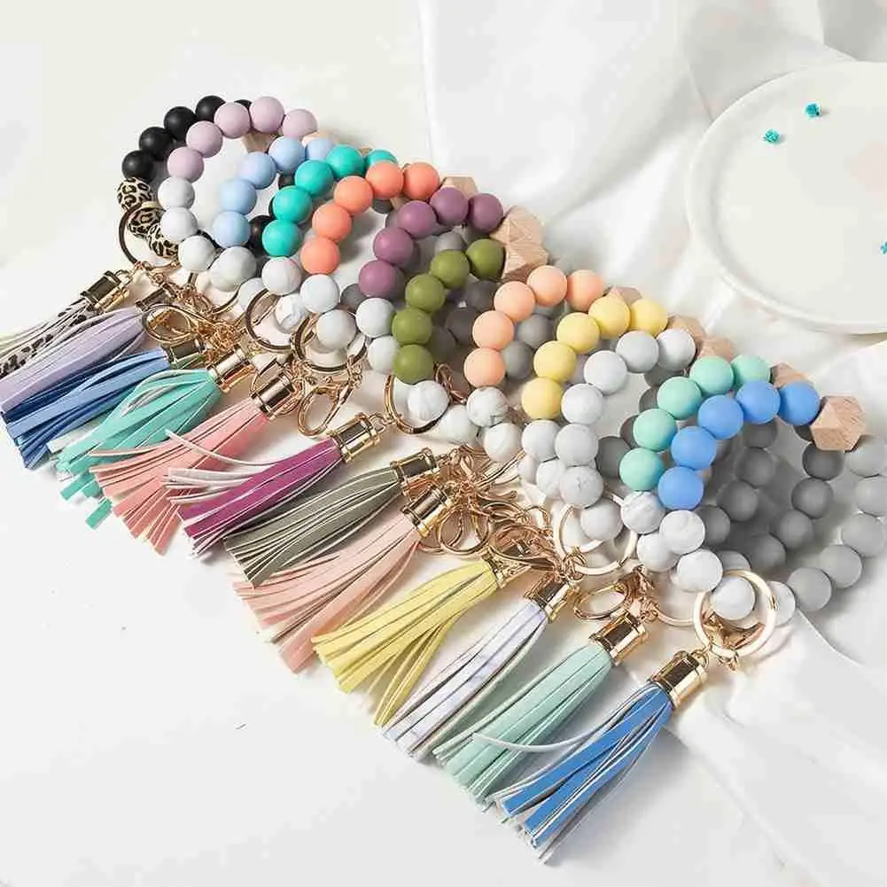 

Keychain For Keys Tassel Wood Beads Bracelet Keyring For Women Accessories Multicolor Leather Keychain Portable For Schoolb A4C7