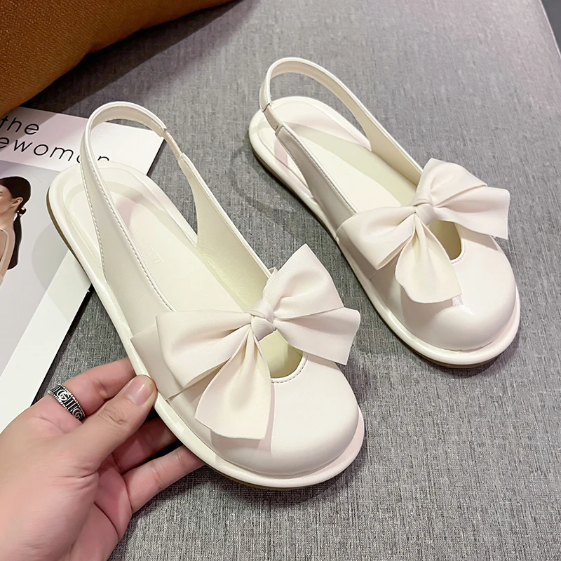 

Casual Flat Bottom Baotou Bowknot Mary Jane Women Sandals 2023 New Fashion Simple Solid Color All-match Half Slippers Summertime