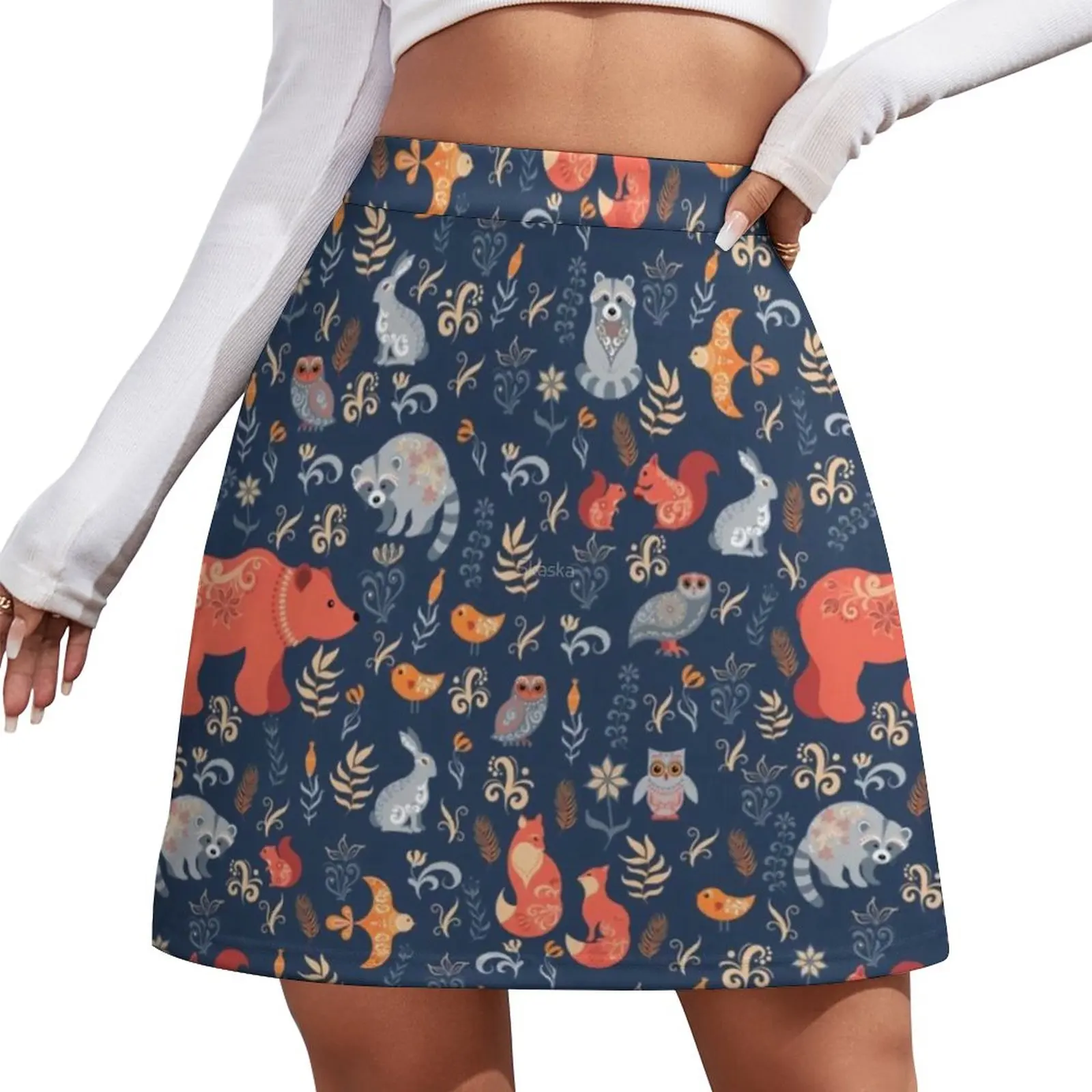 

Fairy Tale Forest Bear Skirt Fox Owls Rabbits Flowers And Herbs Mini Skirts Street Fashion Design Oversize Casual A-line Skirt