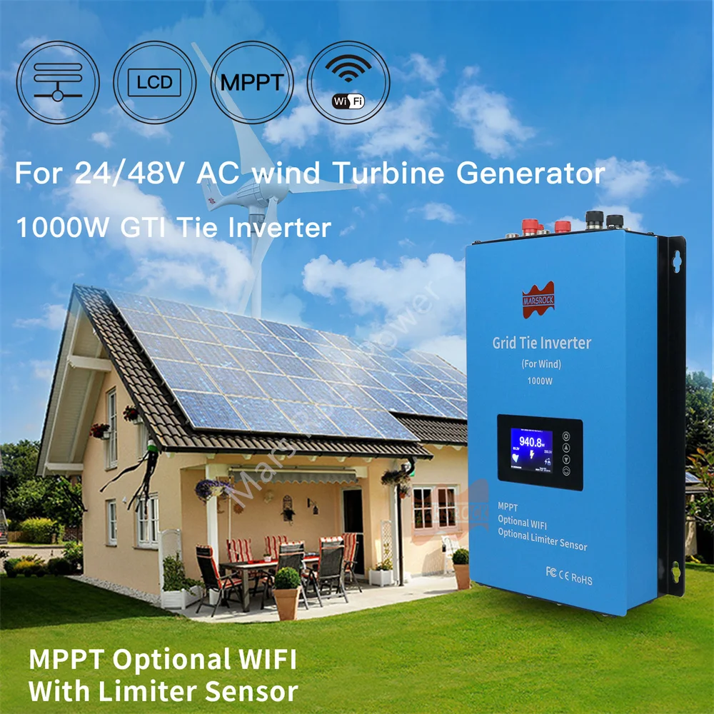 

MPPT Wind Power 1000W 3 Phrase Inverter With Internal Limiter Sensor 24V 48V 110V 220V AC Pure Sine Wave For Wind Generator