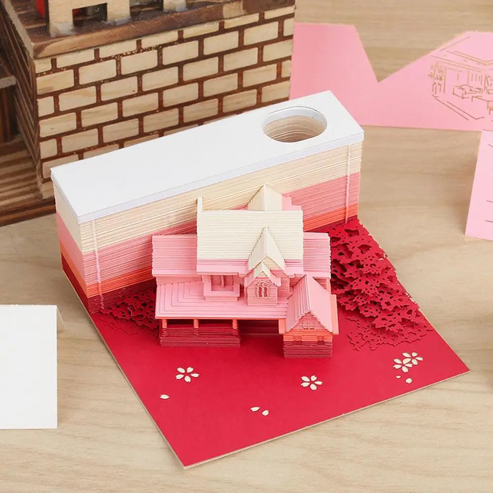

3D Pink Attic Paper Carving Model Notepad 3D Three-dimensional Paper Pad Block Creative Memo Notepad Note Gift T2S7