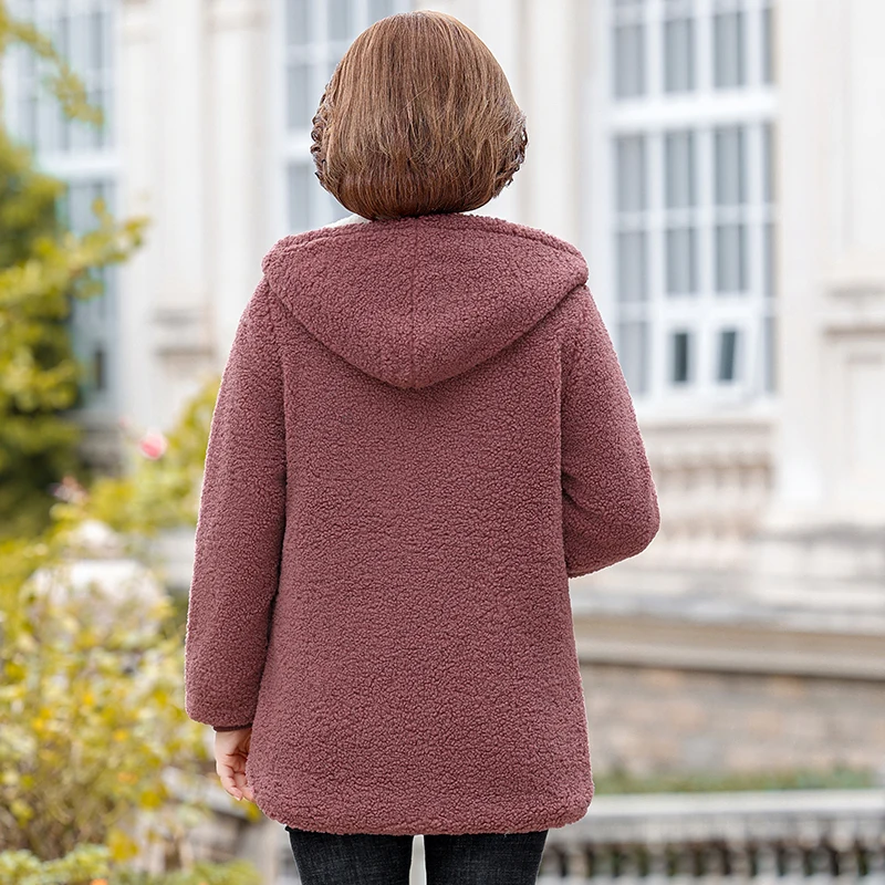 Middle-aged Mothers Faux lamb Wool Coat Hooded Autumn Winter Thicken Loose Outerwear Female Jacket Parkas Casual Tops