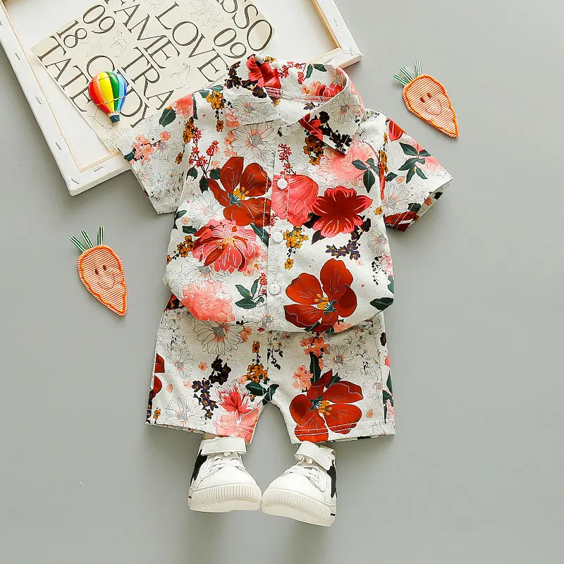

Boys Summer Short Sleeve Flower Shirt Shorts Suit Children's Vacation Beachwear Casual Pants Trendy European and American