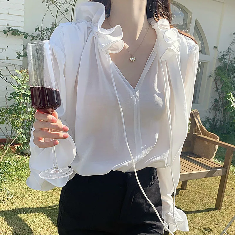 

Korean Chic Spring French Elegant Flower Bud V neck Tie Smocked Design Mesh Slightly Transparent Trumpet Sleeve Shirt Women
