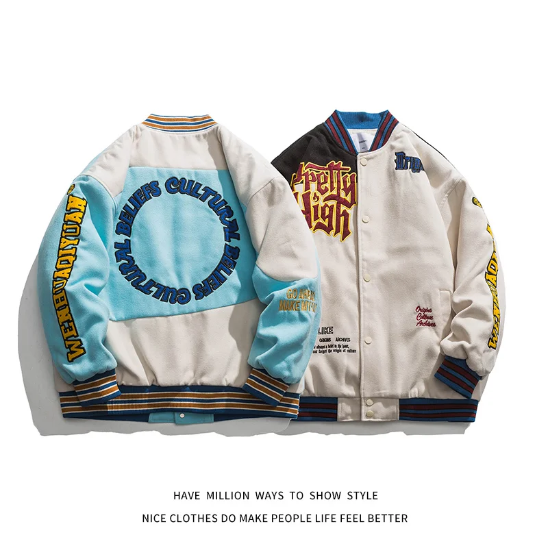 

New Winter Collection Thick Warm Patchwork Letter Embroid Man Bomber Varsity Jacket Unisex Women Baseball Coat Streetwear Casual