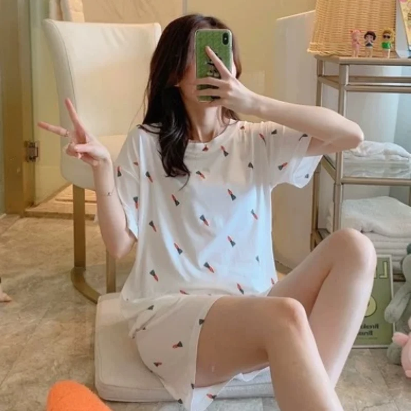 

Women Cute Sleepwear 2PCS Shirt&Shorts Pajamas Set Print Nightwear Cartoon Intimate Lingerie Pyjamas Casual Homewear