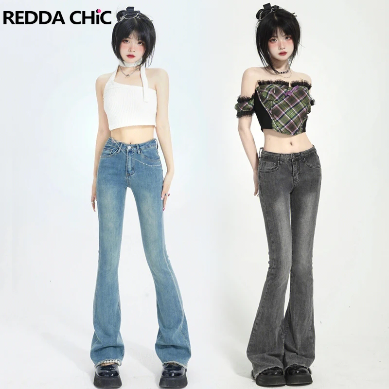 REDDACHiC Stretchy Flared Y2k Jeans Women Acubi Fashion Pants Boot Cut Korean Streetwear Blue Gray Grayu Harajuku Grunge Clothes