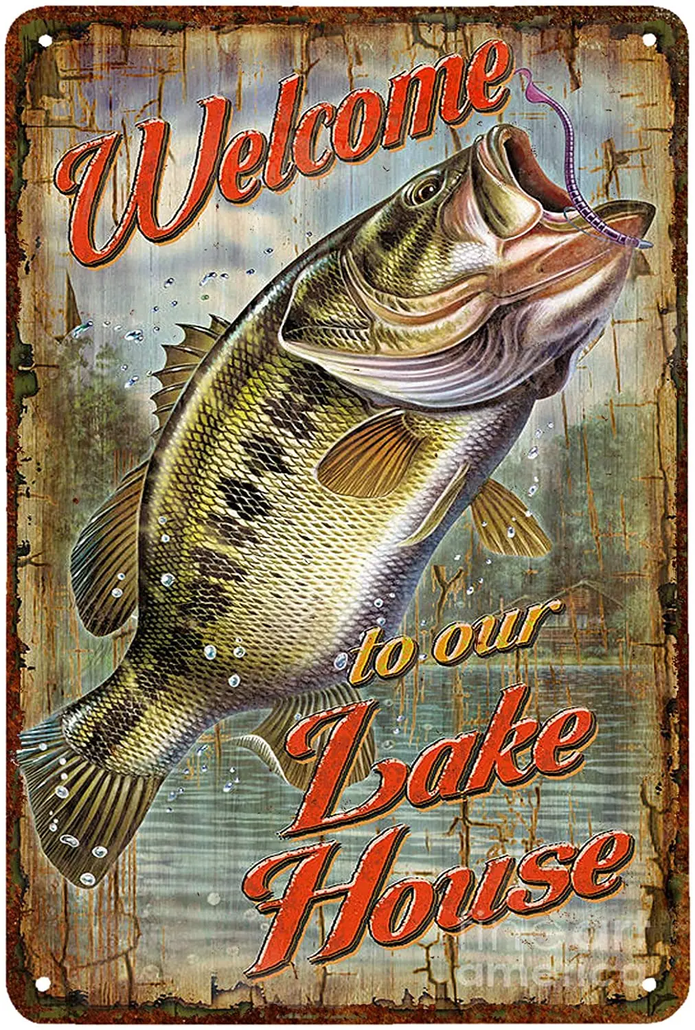 

Большая оловянная табличка на окуня, добро пожаловать в наше озеро, дом, рыбалка, домашнее украшение для стен, металлические таблички