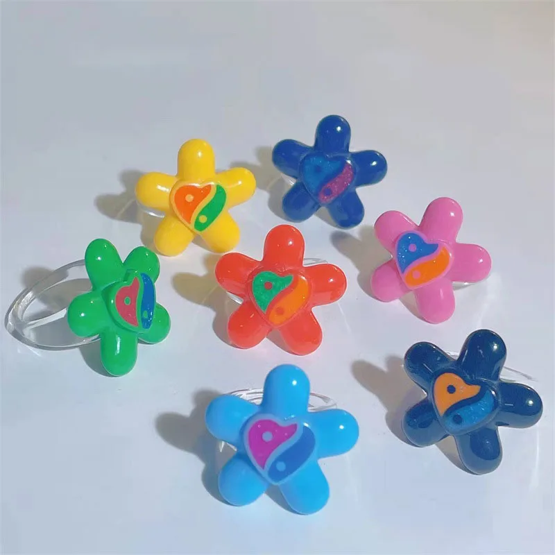 

New Korean Hyperbole Colorful Shiny Yin Yang Tai Chi Flower Geometric Resin Acrylic Big Finger Rings For Women Girl Jewelry