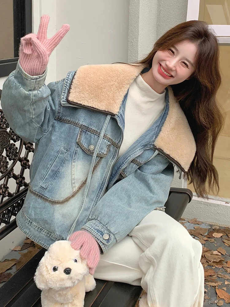 Бархатный джинсовый пуховик из овечьей шерсти с большими лацканами 90 женский