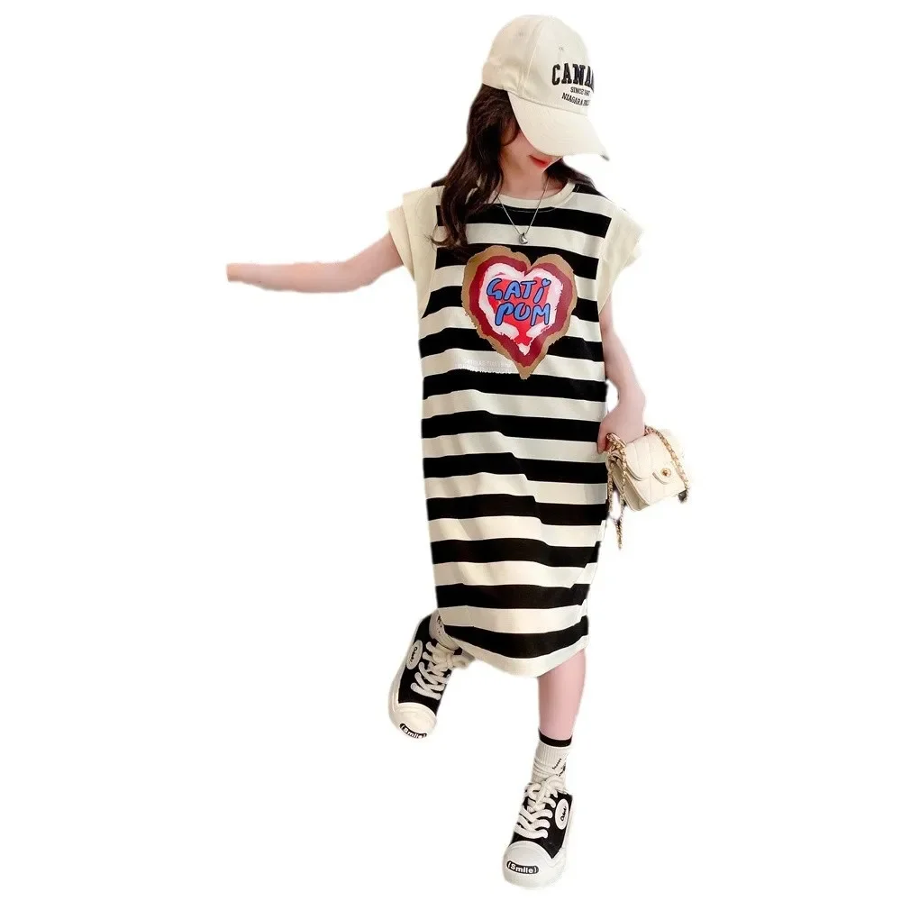 Лето 2024 стильное вязаное платье-футболка принцессы для девочек детское