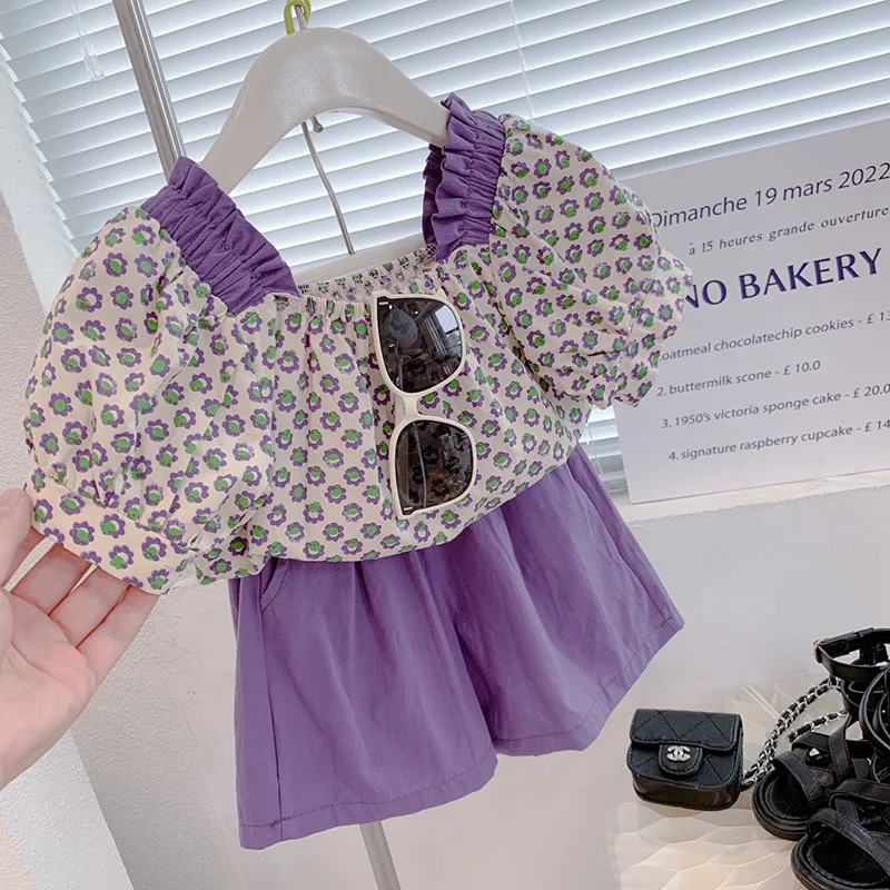 

Girls Purple Suit 2022 Summer New Floral Square Neck Short Sleeved Top + Shorts 2-Piece Children's Fashion Casual Clothing