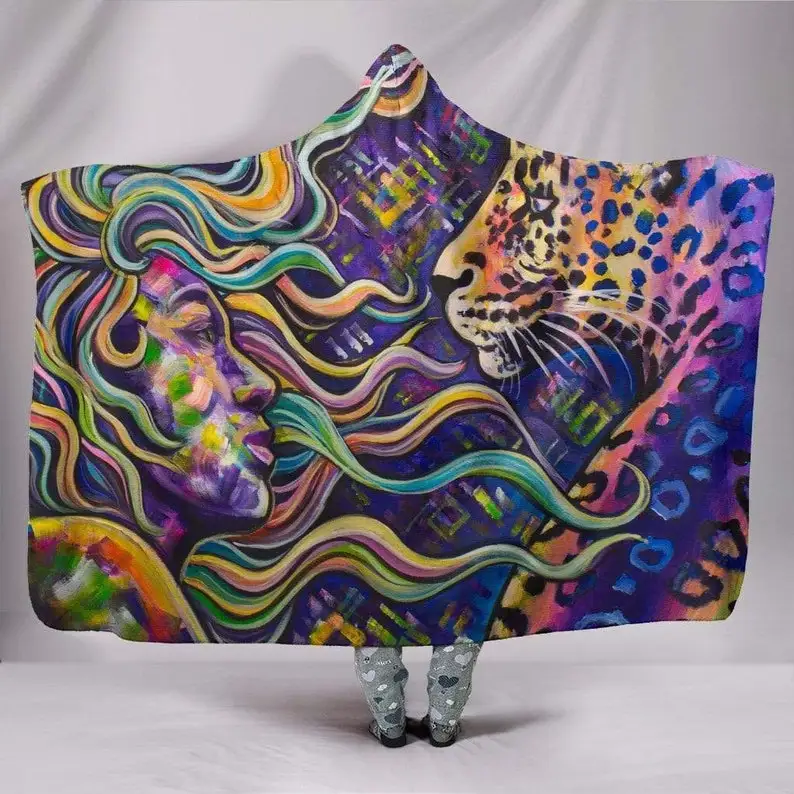 

Hooded Blanket, Woman and Leopard, Gypsey Wild Child, Abstract Leopard, Hippie Festival, Neon Acid Trip, Multi coloured, Colorfu