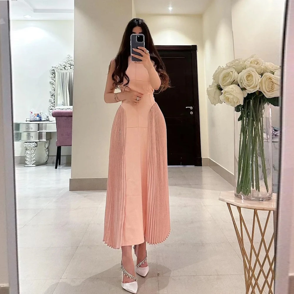 

ONLYCE Neck Sleeveless Pleats Birthday Party Robes De Cocktail DressAnkle Length Prom Dress Dubai Saudi Arabia Women Wear Crew