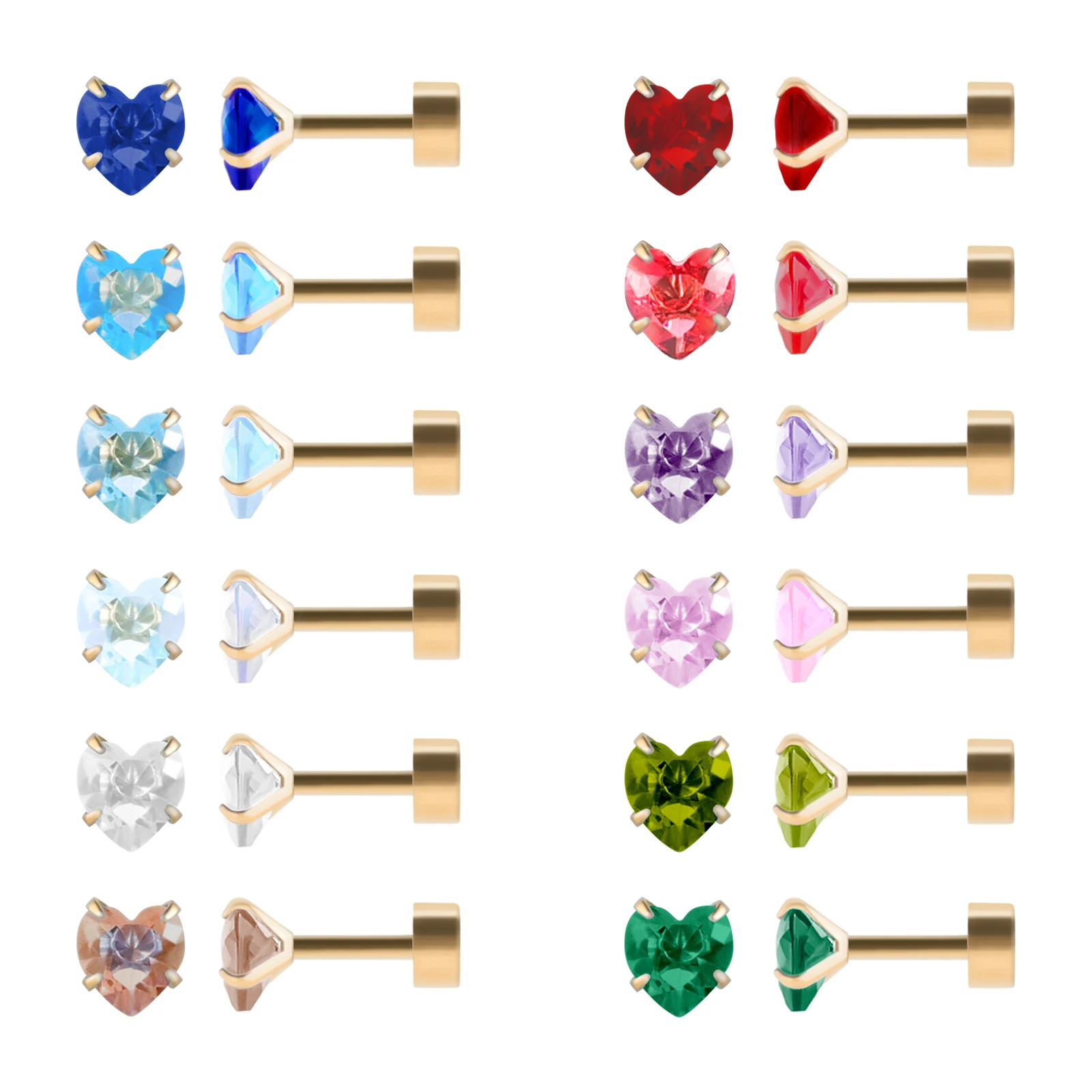 12 Pairs Cartilage Helix Surgical Stainless Steel Stud Earrings, Flat Back Screw Heart CZ Brithstone Earrings Set for Women Girl