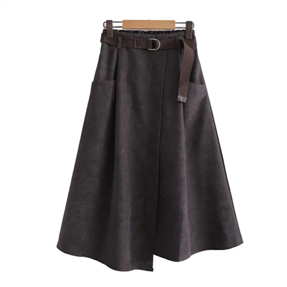 

Женская юбка с высокой талией, Офисная Асимметричная трапециевидная юбка средней длины с двумя карманами и поясом на резинке, одежда в Корейском стиле