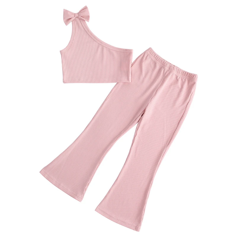 

1-3 Year Old Baby Suit 2022 New Summer Two-piece Solid Color One-shoulder Casual Sports Top Flared Pants Children Clothing Trend