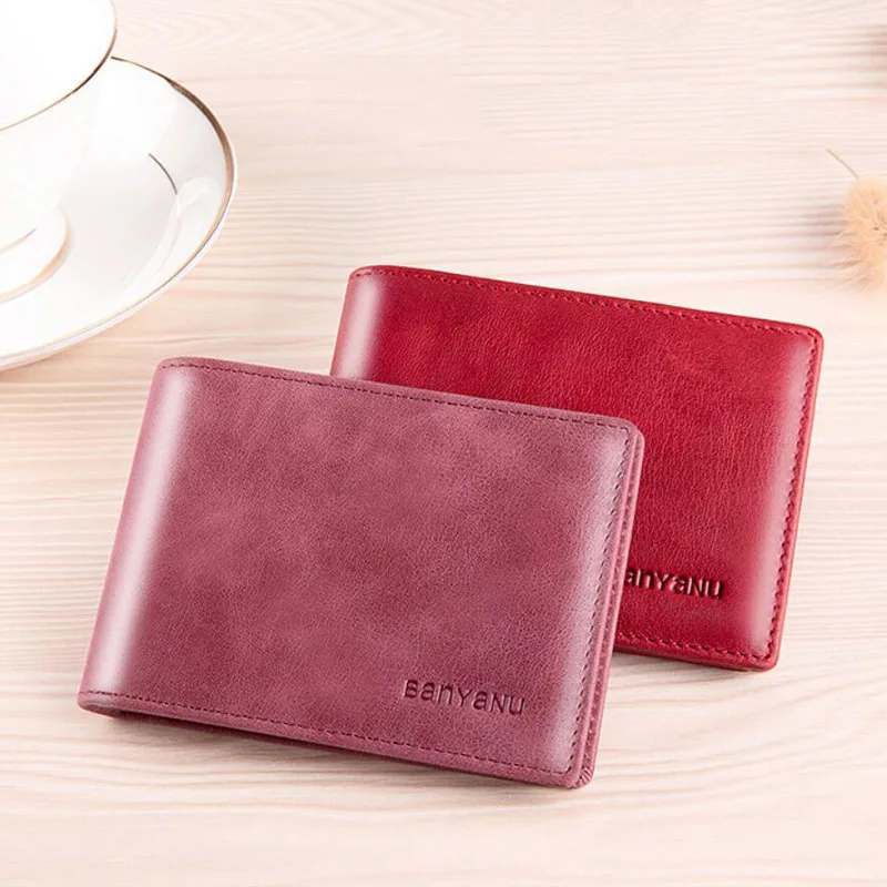 Women Wallet Genuine Leather Small Purse Men Cowhide Fashion ID Card Holder Red Wallet Luxury Short Small Coin Purse for Women