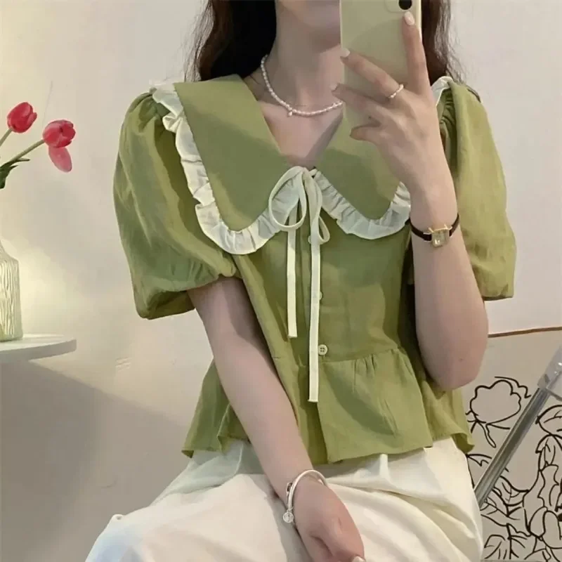 Рубашка с милым бантом и кукольным вырезом Blusas Mujer De Moda 2024 Verano летний укороченный