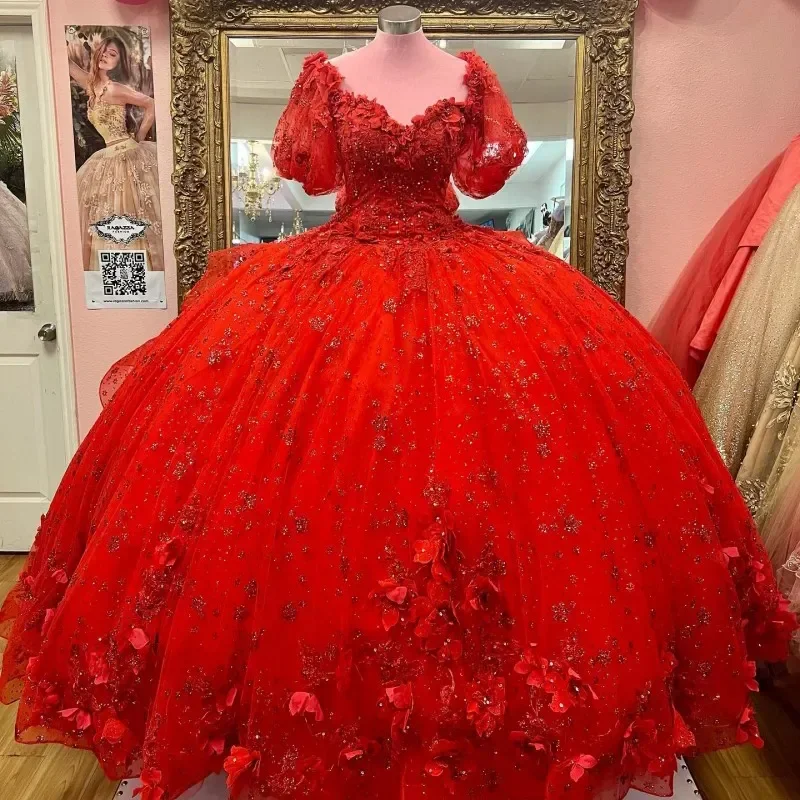 ANGELSBRIDEP Милое красное платье Quinceanera с коротким рукавом Sweet 15 3D цветочной