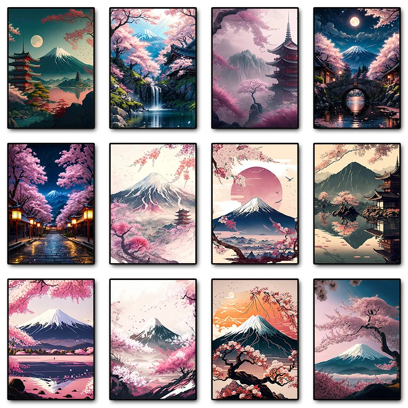 Печать на холсте &quotЯпонский вишневый цвет Фудзи горный закат Токио пейзаж&quot