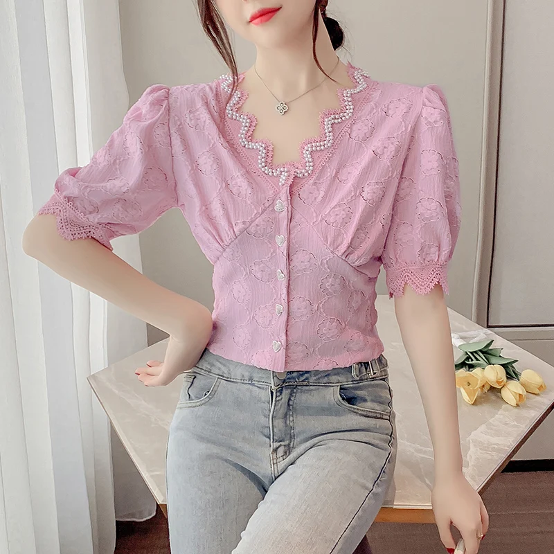 

Summer new V-neck shirt slim heavy work Beaded Heart button solid color versatile temperament lace top 608b, 415-5