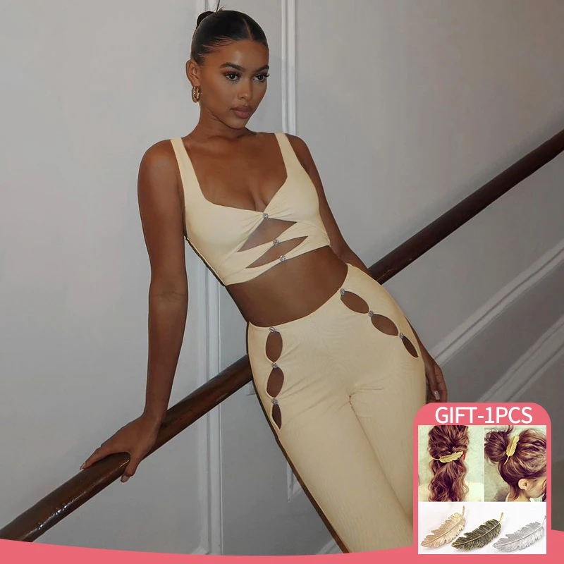 

Комплект из двух предметов, Женская Повседневная Уличная одежда, модный короткий топ с вырезом на шее и брюки с высокой талией, сексуальный ...