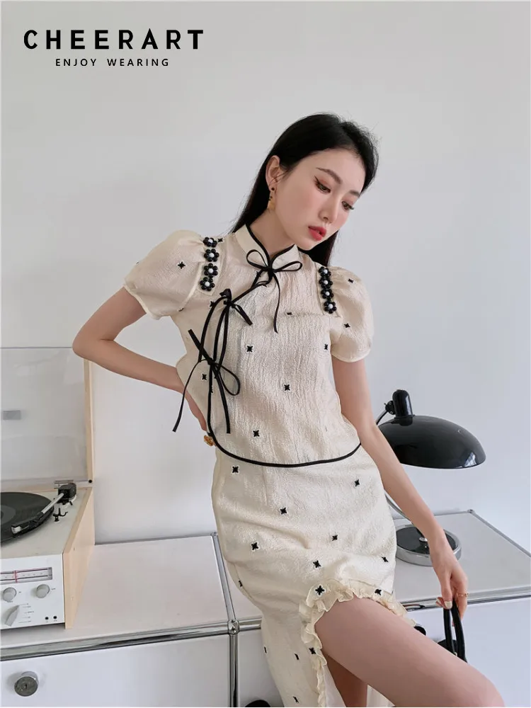 

Винтажные летние комплекты из 2 предметов CHEERART, женская одежда, юбка миди и топ, новые подходящие комплекты, топ с пышными рукавами и длинная юбка, комплект