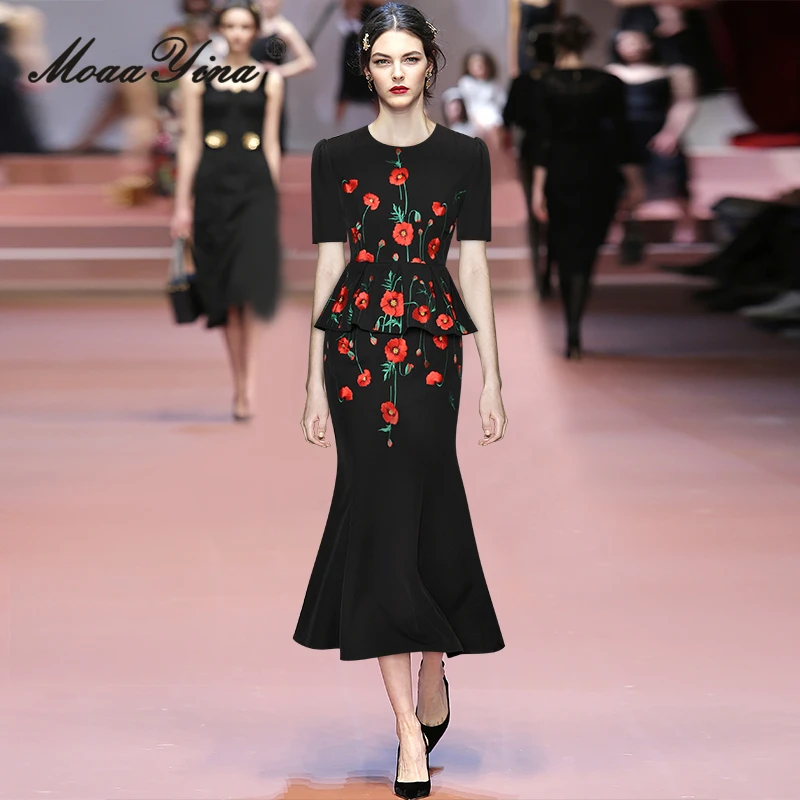 Женское длинное платье с юбкой годе летнее модное Дизайнерское черное круглым