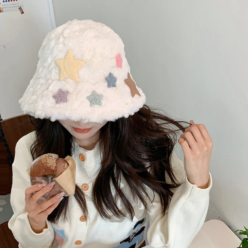 

Five-Pointed Star Plush Fisherman Hat Women Girls Warm Thicke Fleeze Bucket Hats Windproof Beanies Cute Sweet Lambhair Basin Cap