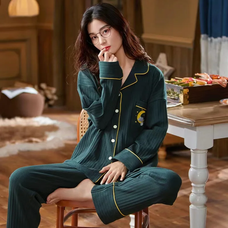 Pyjamas Women Spring 100% Cotton Sleepwear 2022 New Turn-Down Collar Home Clothes 2 Pieces /Sets Long Sleeve Trousers Homew