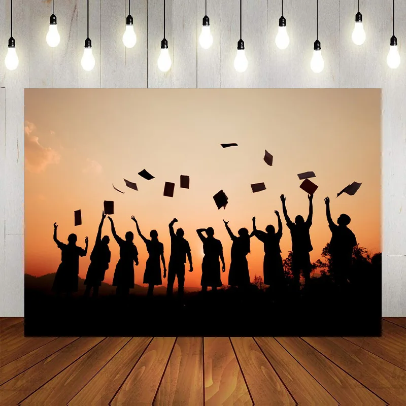 

Фон для фотосъемки с изображением выпускного класса темно-синего цвета мальчишника шапки воздушного шара градиента поздравления искусств...