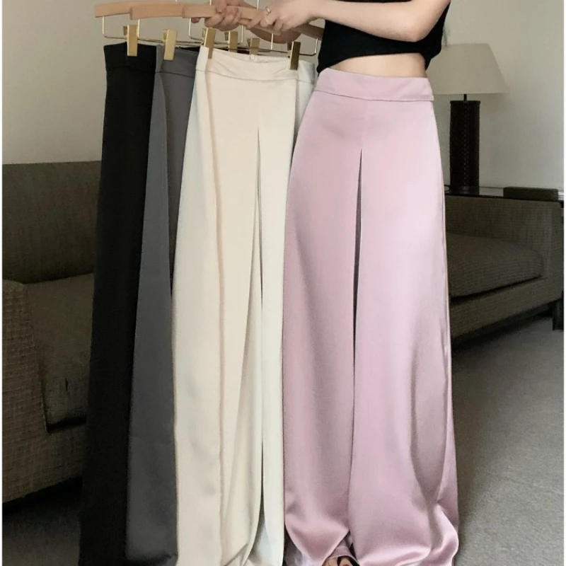 

MINGLIUSILI Summer Baggy Pants Satin Elegant Fashion 2023 Trousers Loose Solid Colours Casual Versatile Trendy Wide Leg Pants