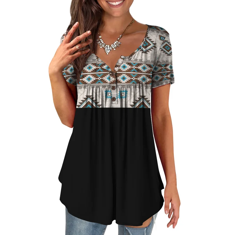 

2023 Plus Size National Simple Top Sexy Low Breast Button V-neck Short Sleeve Miniskirt Summer Casual Pullover Women's Pleated S