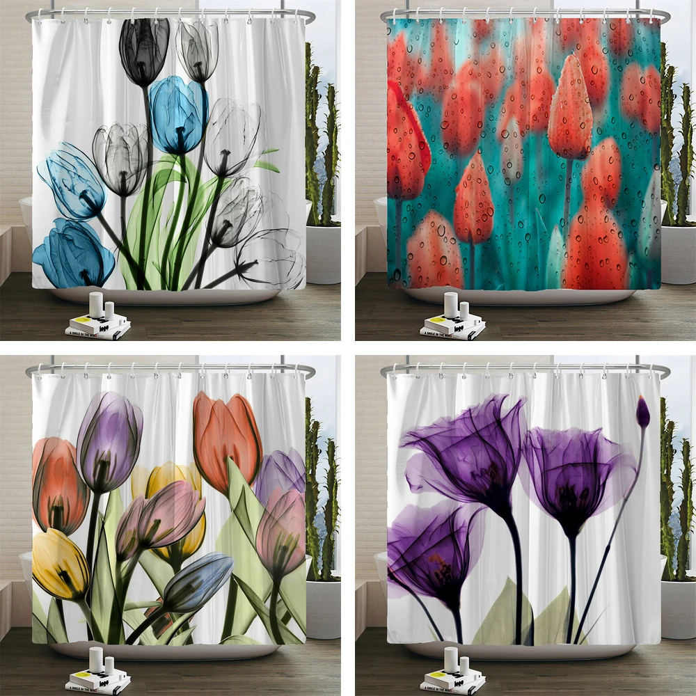 

Tulip Rose Flowers style Shower Curtains with Hooks Floral Creative Printing Bathroom Curtains Waterproof Polyester Bath Curtain