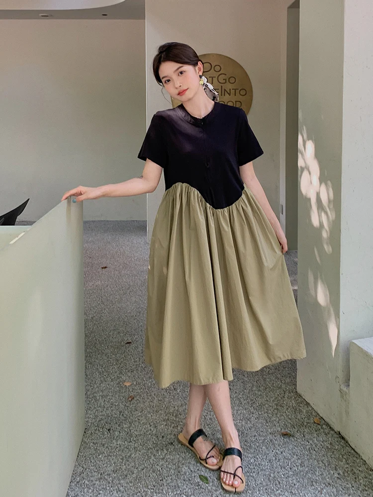 

Black Spliced Khaki Japan Style Long Dress 2022 Summer Women Short Sleeve Vintage Elegant Loose Casual A-line Girl Dresses 0639