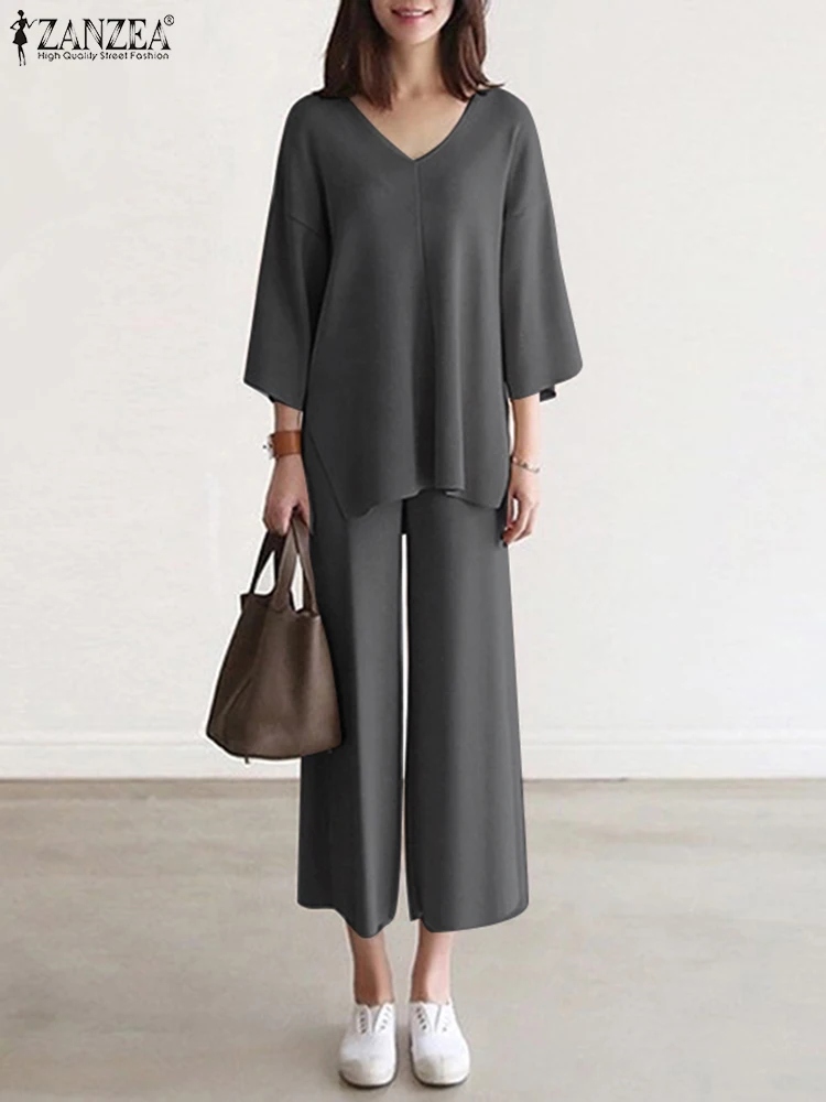 ZANZEA Женская повседневная блузка с v-образным вырезом и широкие брюки свободный